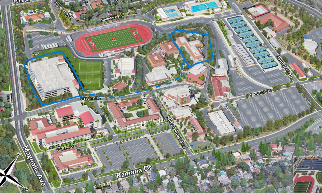 Map of the RCC Campus. The highlighted building on the left is the Parking Structure, and the one on the right is the Bradshaw Building/Cafeteria.
